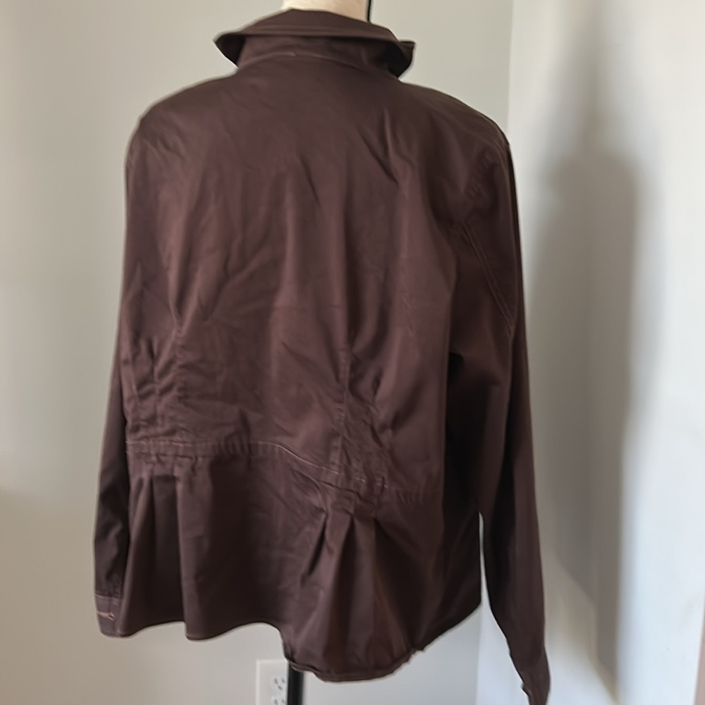 Casual Stretchy Utility Jacket Brown Button closure Cinched Accents Susan Graver - Picture 4 of 11